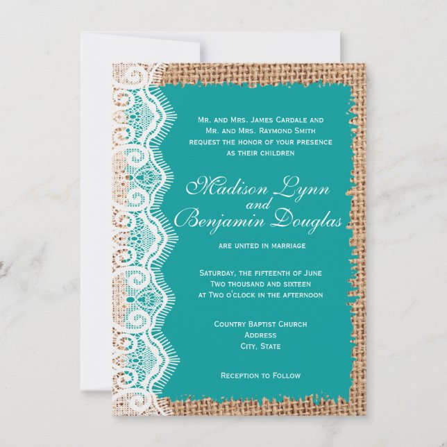 Invitations de mariage turquoise de la dentelle de (Devant)