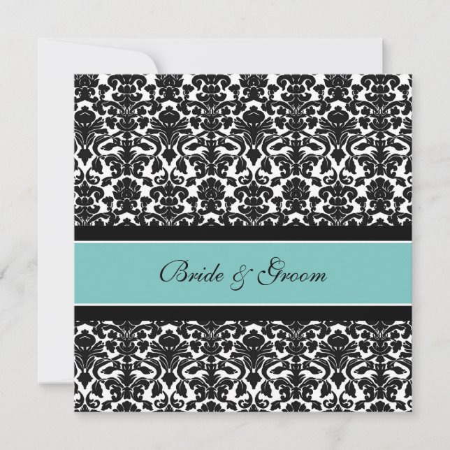 Invitations de mariage Turquoise noir blanc Damas (Devant)