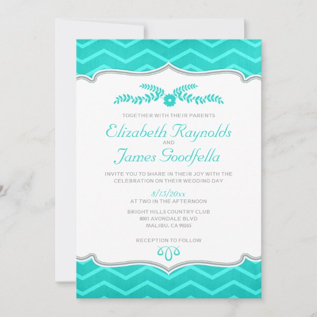 Invitations de mariage turquoise Zigzag (Devant)