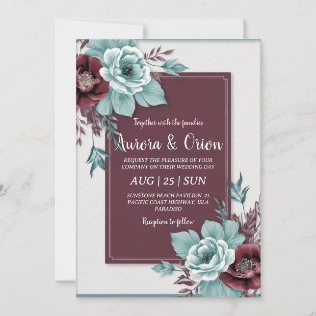 Invitations de mariage turquoises et bordeaux (Devant)