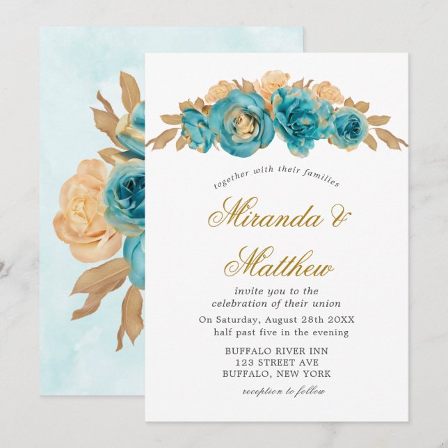 Invitations de mariage turquoises et crémeuses Ros (Devant / Derrière)