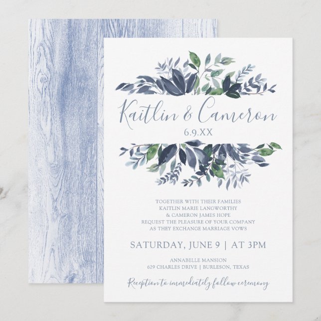 Invitations de mariage verdoyantes - Dusty Blue &  (Devant / Derrière)