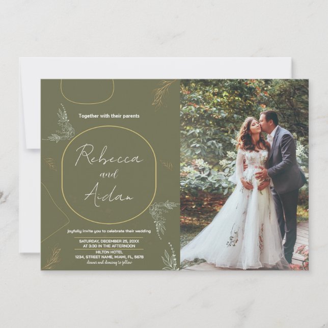 Invitations de mariage vert foncé avec photo (Devant)