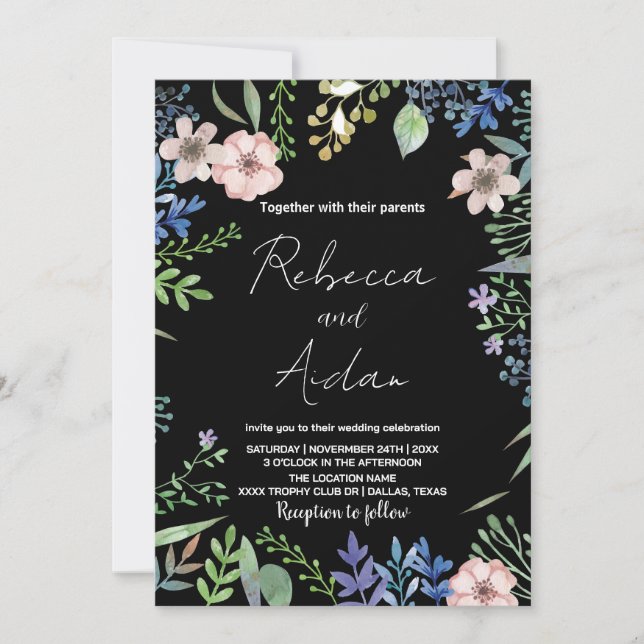 Invitations de mariage vert noir floral (Devant)