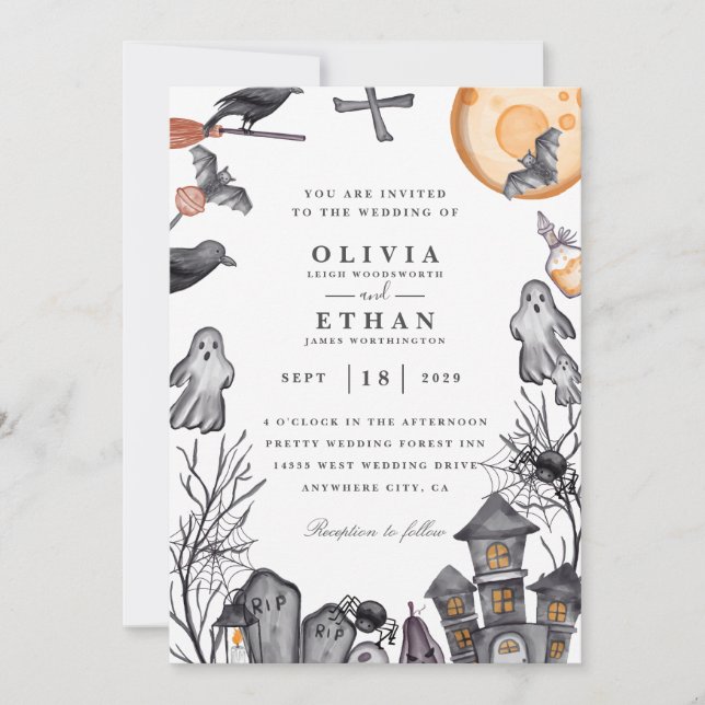 Invitations de mariage vintage à l'halloween (Devant)