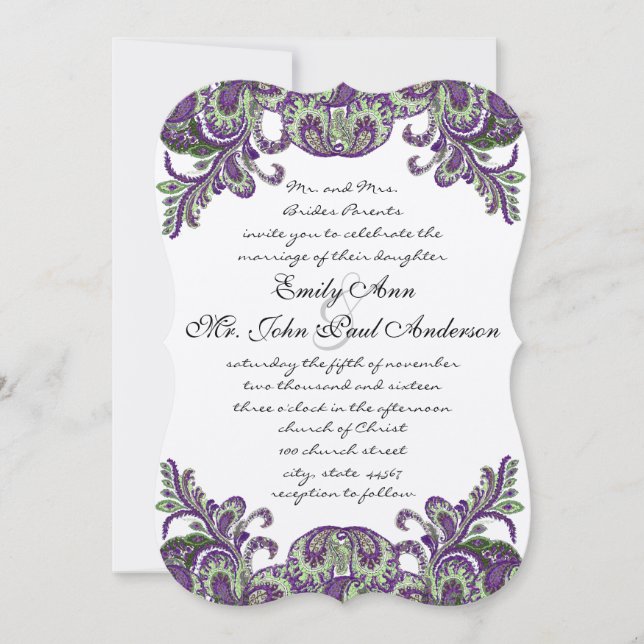 Invitations de mariage violet et vert paon (Devant)