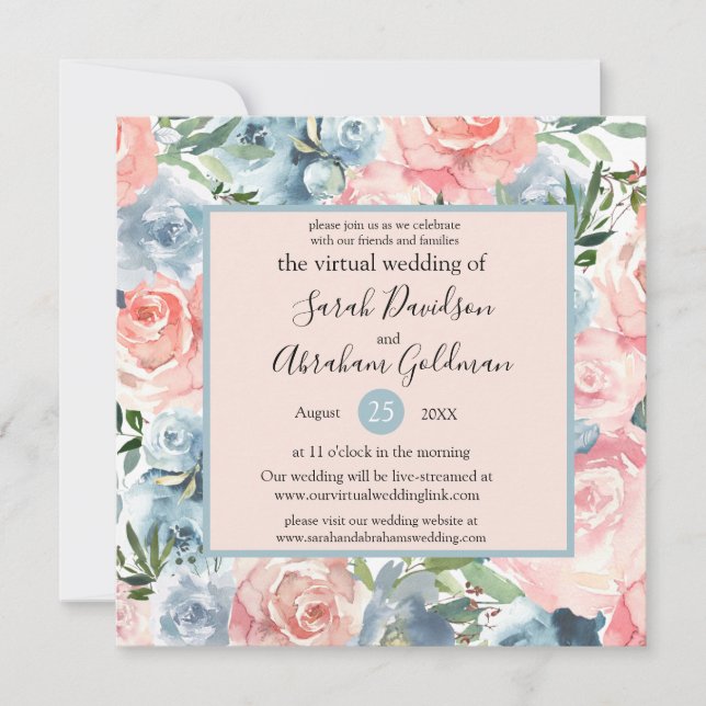 Invitations de mariage virtuel - bleu rose floral (Devant)