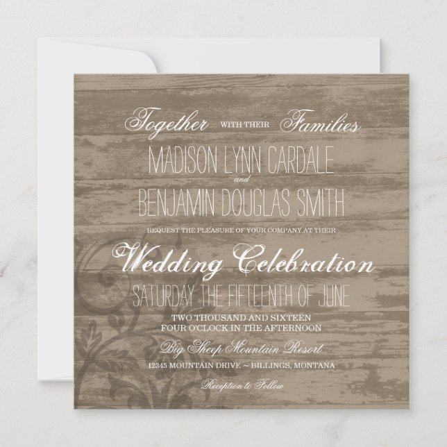 Invitations de Mariages campagnards de bois rustiq (Devant)