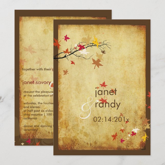 INVITATIONS DE NOMBREUX FEUILLES MARIAGES DE AUTOM (Devant / Derrière)