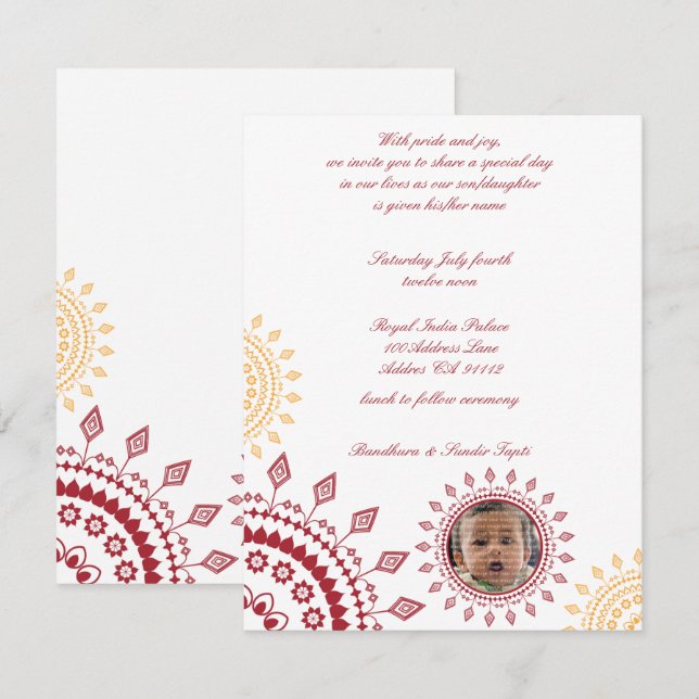 Invitations de noms de bébé Namkaran rouge et jaun (Devant / Derrière)