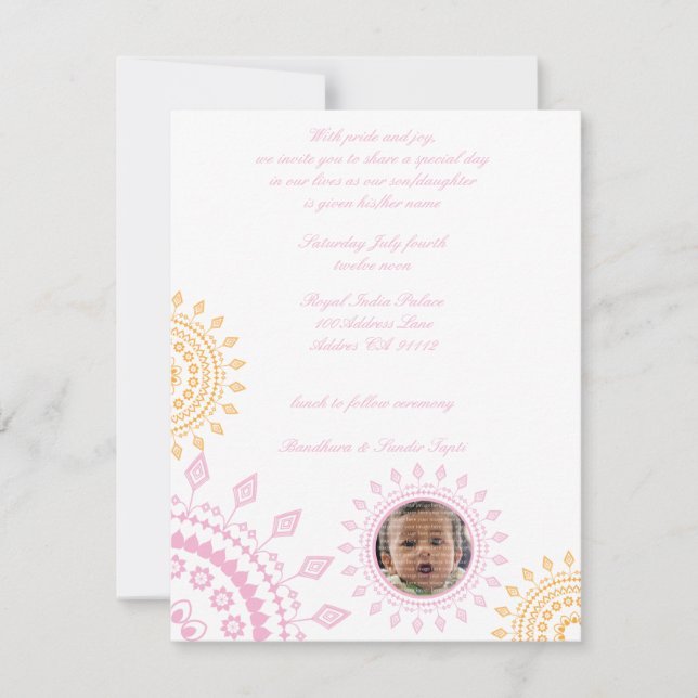 Invitations de noms de bébés rose et jaune Namkara (Devant)