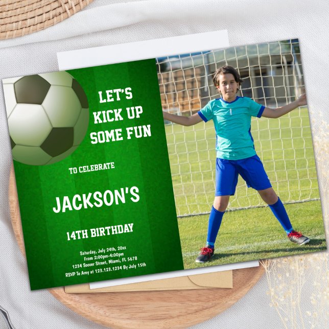 Invitations de parties sportives personnalisables  (14th Soccer Birthday Invitations with photo)