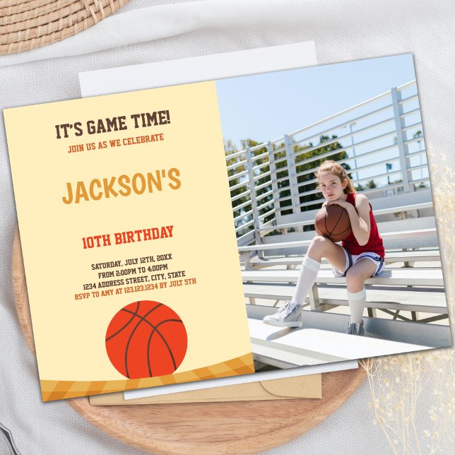 Invitations de parties sportives personnalisables  (Yellow Brown Basketball Invitations with photo)
