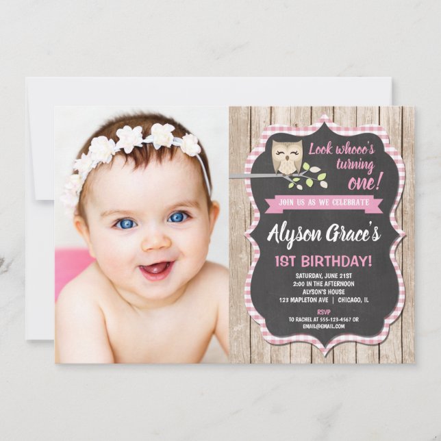 Invitations de photo d'anniversaire de hibou, (Devant)