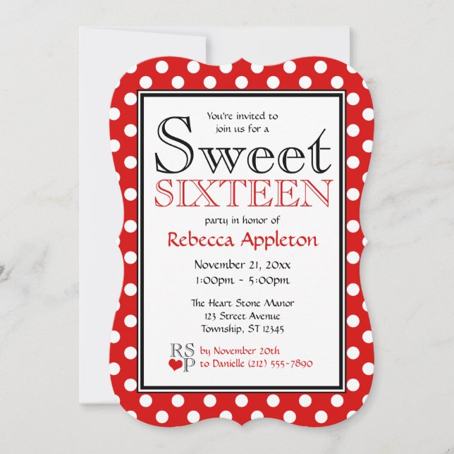 Invitations de Polka Dot Red & White Sweet sixteen (Devant)