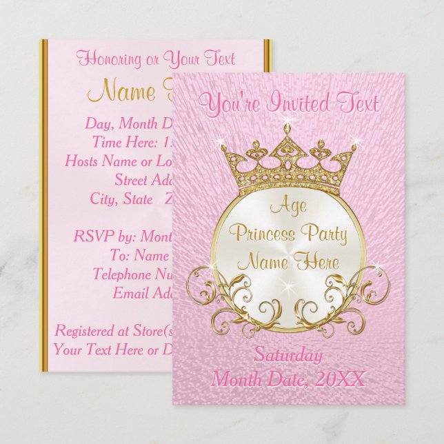 Invitations de princesse rose et or personnalisées (Devant / Derrière)