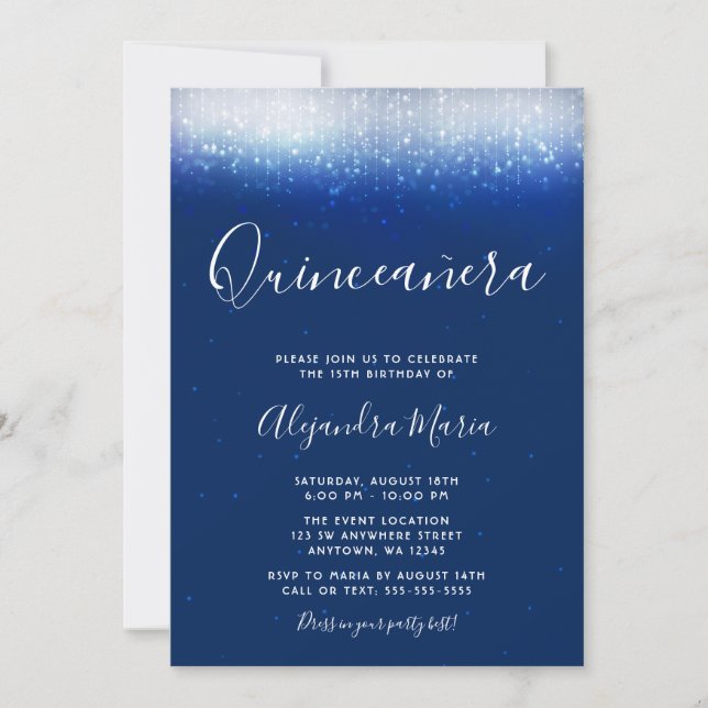 Invitations de Quinceanera bleu de la Marine Glam (Devant)