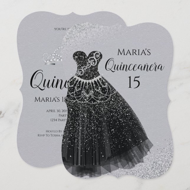 Invitations de Quinceañera d'argent de noir de (Devant / Derrière)