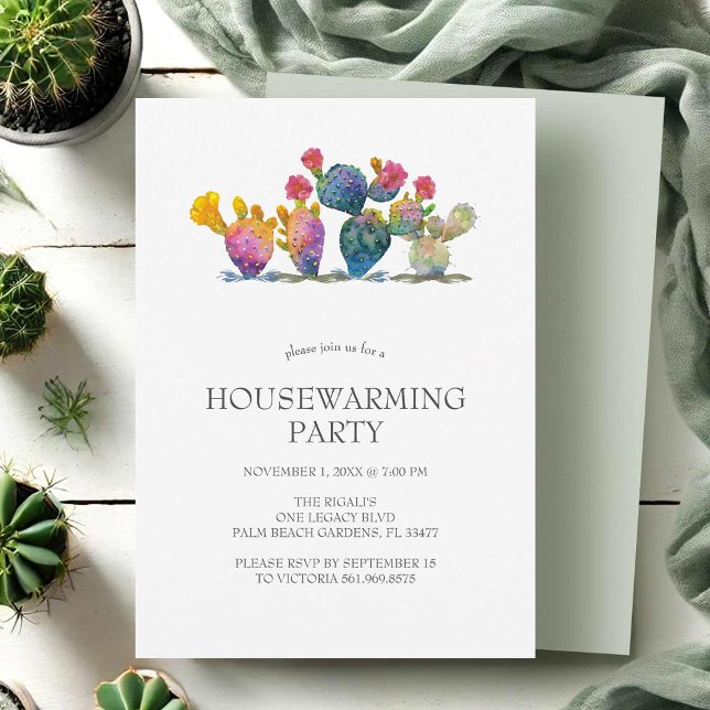Invitations de réchauffement ménager Aquarelle Cac (Housewarming party invitations watercolor cactus art by VG Invites)
