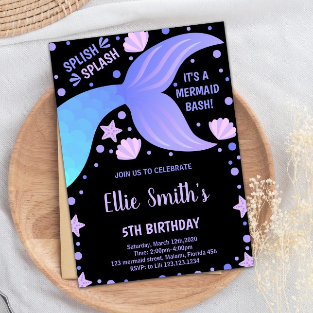 Invitations de sirène de la queue bleue violet noi (Black Purple Blue Tail Shell Mermaid Invitations)
