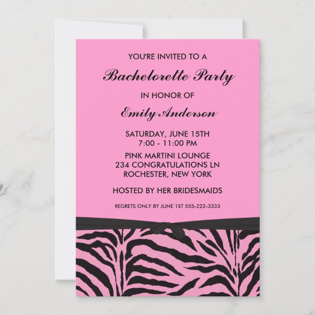 Invitations de soirée rose Zebra Bachelorette (Devant)