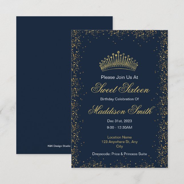 Invitations de Sweet sixteen Blue Elegant (Devant / Derrière)