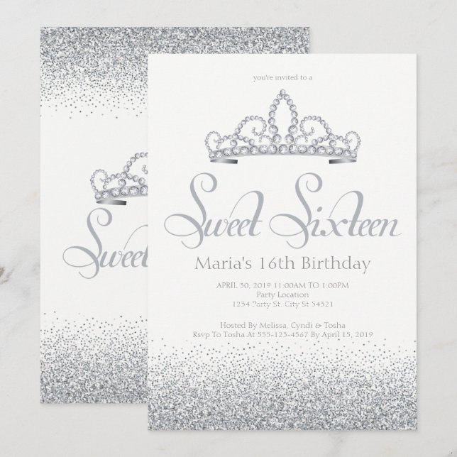 Invitations de Sweet sixteen d'argent et de diaman (Devant / Derrière)
