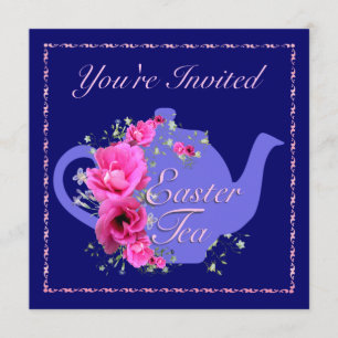 Invitations de thé à Pâques Teapot et fleurs roses