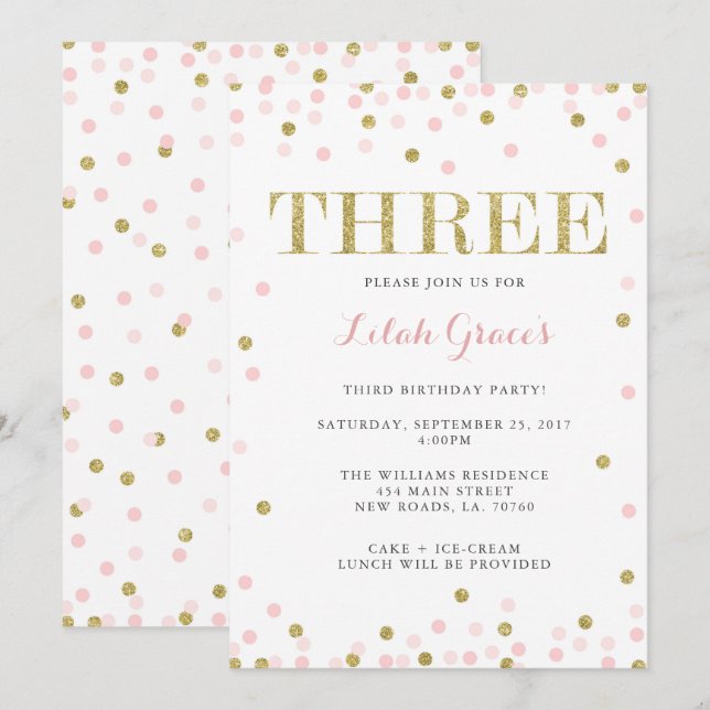 Invitations de troisième anniversaire rose et or (Devant / Derrière)