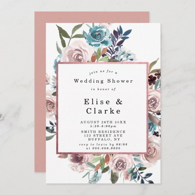Invitations de Wedding showers Boho Pink Turquoise (Devant / Derrière)
