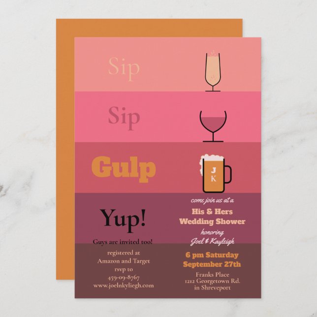 Invitations de Wedding showers Sip Gulp (Devant / Derrière)