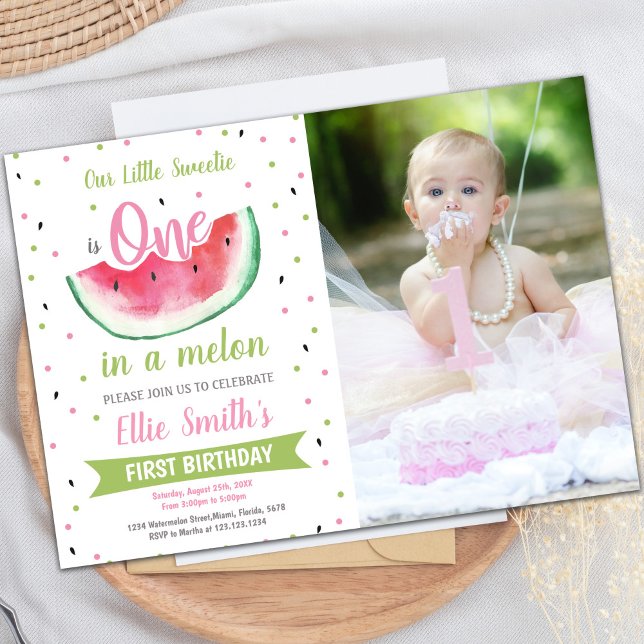 Invitations d'été personnalisables pour les enfant (One Watermelon Birthday Invitation w photo)
