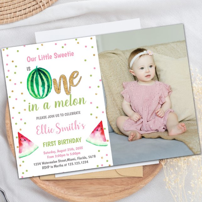 Invitations d'été personnalisables pour les enfant (Glitter Watermelon Birthday Invitations with photo)