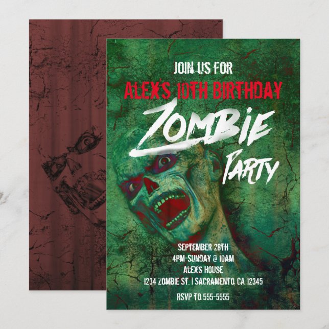Invitations d'Halloween du Parti Zombie Vert (Devant / Derrière)