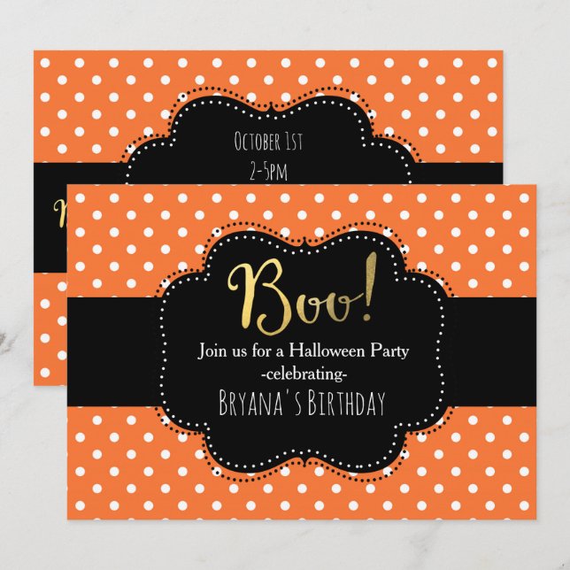 Invitations d'Halloween Polka Orange et Blanc (Devant / Derrière)