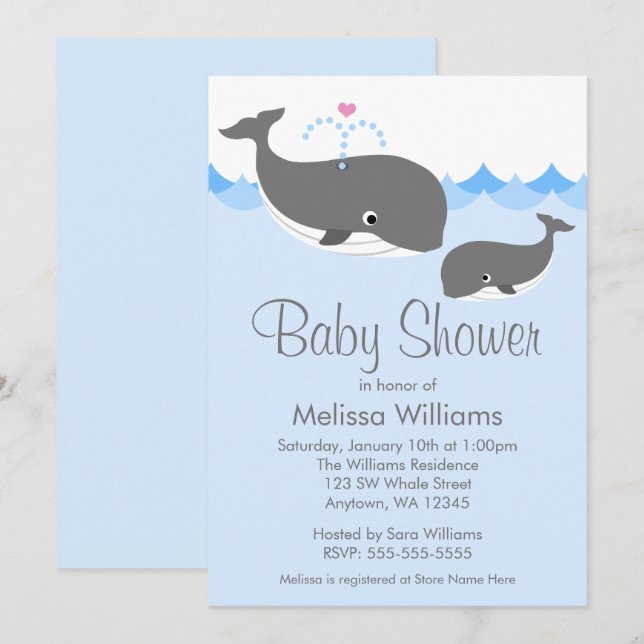 Invitations douces de baby shower de baleine (Devant / Derrière)
