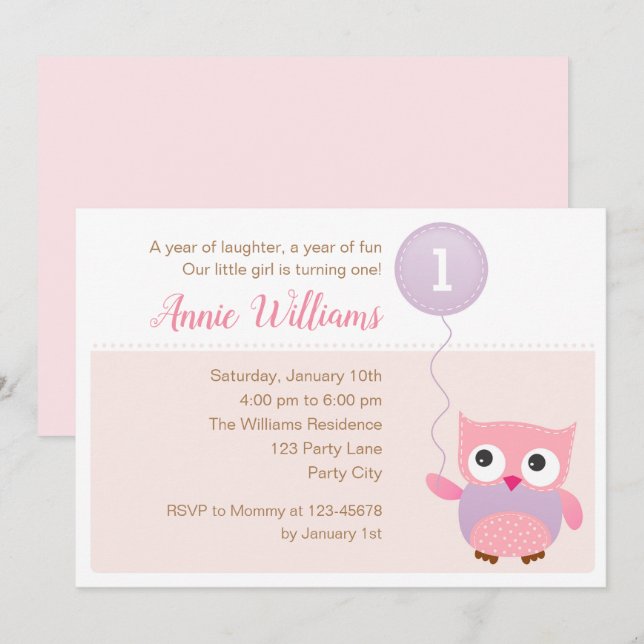 Invitations d'Owl 1er Birthday Invitations (Girls) (Devant / Derrière)