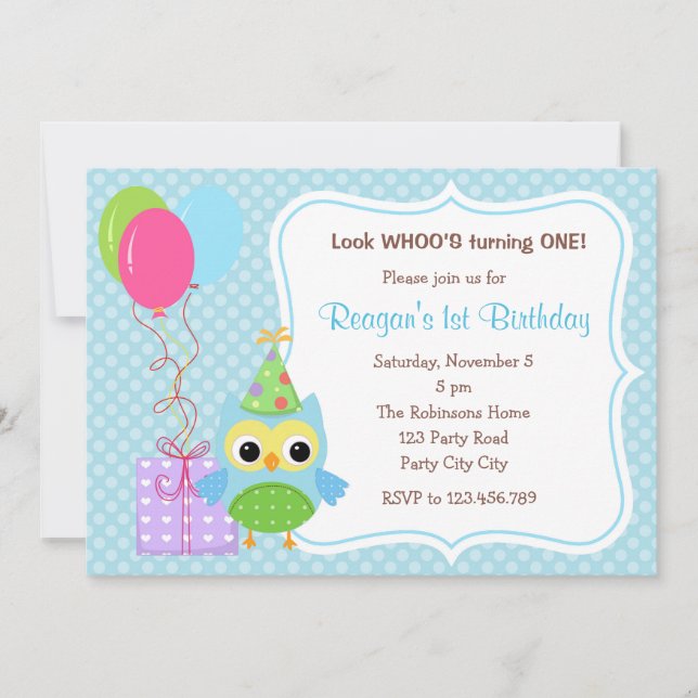 Invitations d'Owl First Birthday pour les garçons  (Devant)