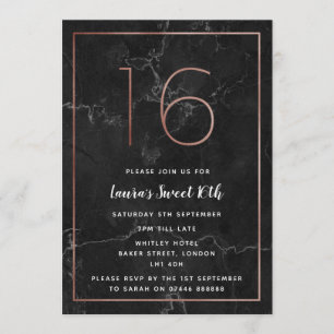 Invitations du 16e anniversaire marbrés d'or noir 