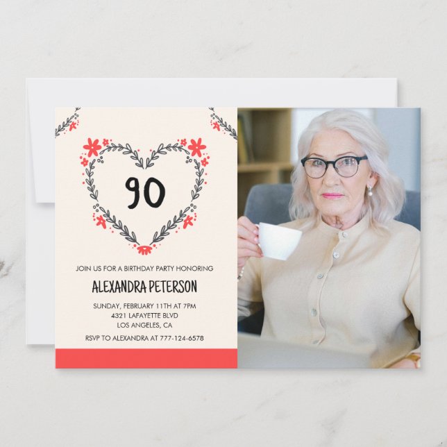 Invitations du 90e anniversaire pour son coeur flo (Devant)