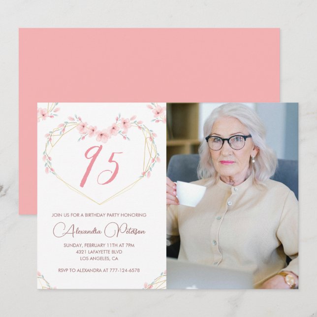 Invitations du 95e anniversaire Boho Floral Photo (Devant / Derrière)