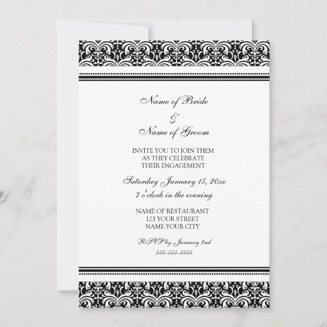 Invitations du Black White Damask Engagement Party (Devant)