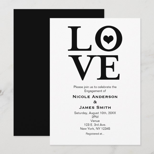 Invitations du Fiançailles Mariage LOVE Black & Wh (Devant / Derrière)