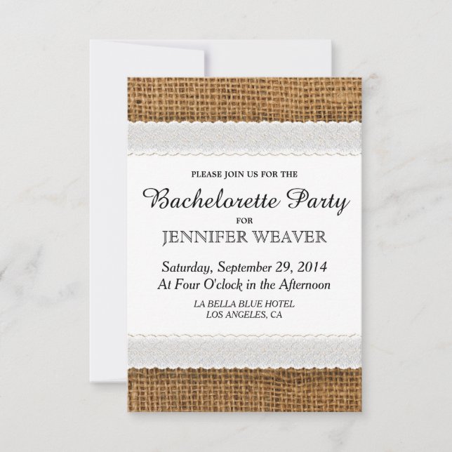 Invitations du Jute et du Lace Bachelorette Party (Devant)
