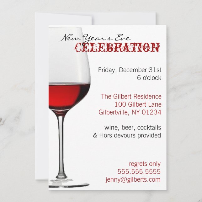 Invitations du Nouvel An en verre de vin rouge (Devant)