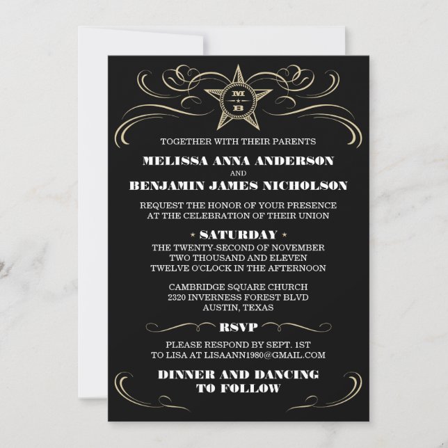 Invitations du sud noires de mariage de style (Devant)