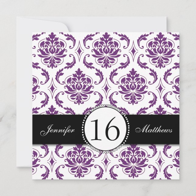 Invitations du Sweet sixteen de Damas pourpre noir (Devant)