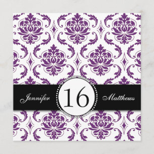 Invitations du Sweet sixteen de Damas pourpre noir