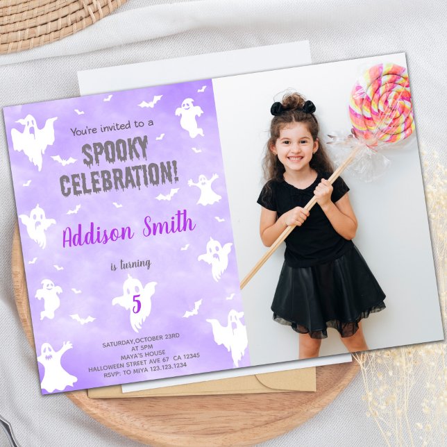 Invitations Éffrayantes personnalisables pour les  (Purple Halloween Birthday Invitations w photo)