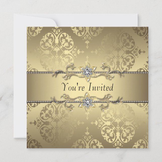 Invitations Elegant Gold Black Damask Party (Devant)